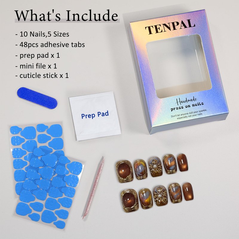 TENPAL Handmade Short Square Press on Nails with Kit,Golden Brown Chrome Hand-Sculpted Toffee Blooms & Gilded Edge Designs Glue on Nails,Glossy Sunset Metallic Cat Eye Fake Nails for Fall Winter(S)
