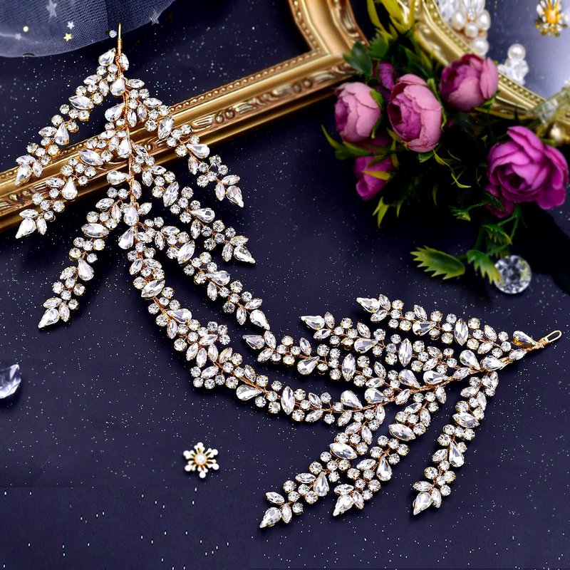ULAPAN Wedding Headbands Bridal Headpieces Rhinestone Accessories Bride Bridesmaid Women Handmade (Gold)