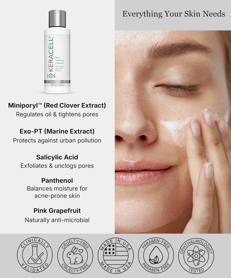 Keracell Pore Clearing Cleanser - Pore Cleanser & Minimizer with Salicylic Acid & Panthenol - Acne Cleansing Face Wash with MHCsc Technology - Moisturizes, Decreases Oil & Removes Impurities - 4 oz