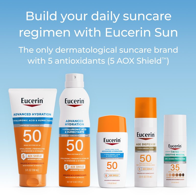 Eucerin Sun Advanced Hydration SPF 50 Sunscreen Lotion, Lightweight Sunscreen with Hyaluronic Acid and Humectants, Hypoallergenic, Fragrance Free, No Oxybenzone or Octinoxate, 5 Fl Oz Tube